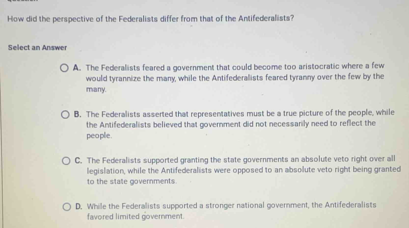 how did the perspective of the federalists differ from that of the anti…