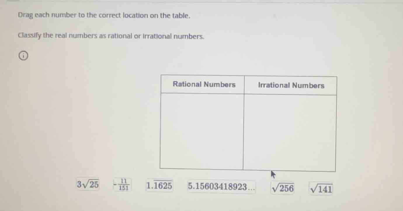 drag each number to the correct location on the table. classify the rea…