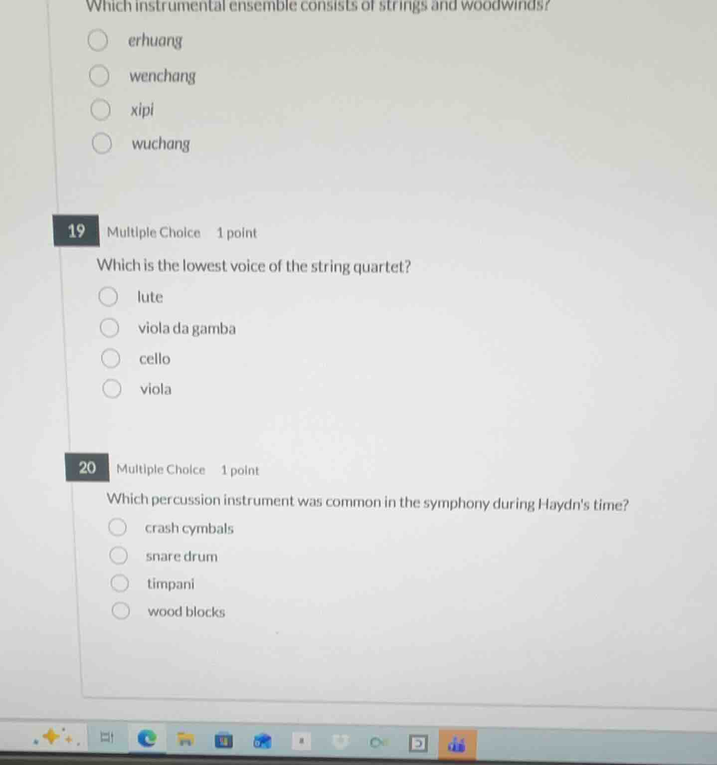 which instrumental ensemble consists of strings and woodwinds? erhuang …