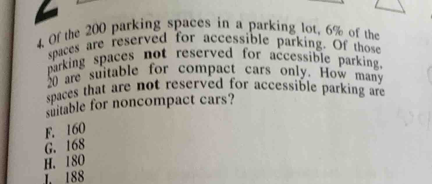 4. of the 200 parking spaces in a parking lot, 6% of the spaces are res…