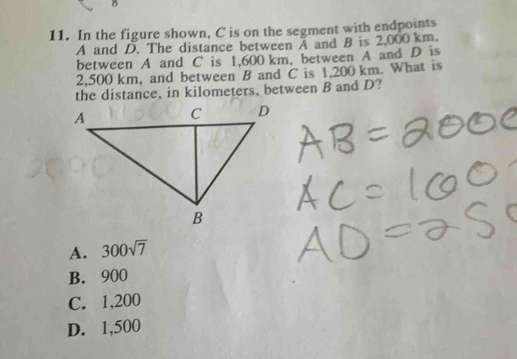 11. in the figure shown, \\(c\\) is on the segment with endpoints \\(a\…
