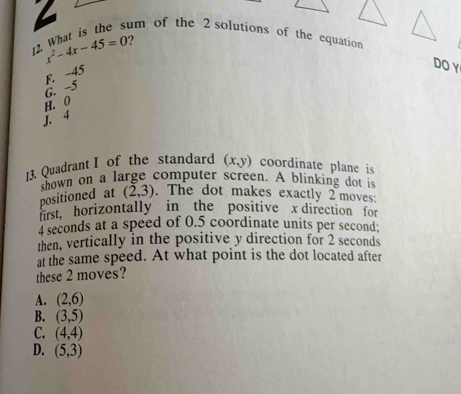 12. what is the sum of the 2 solutions of the equation \\(x^2 - 4x - 45…
