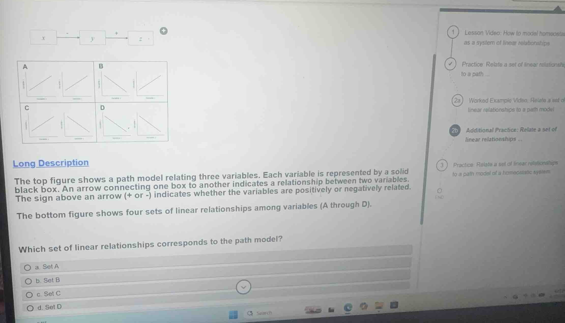 the top figure shows a path model relating three variables. each variab…