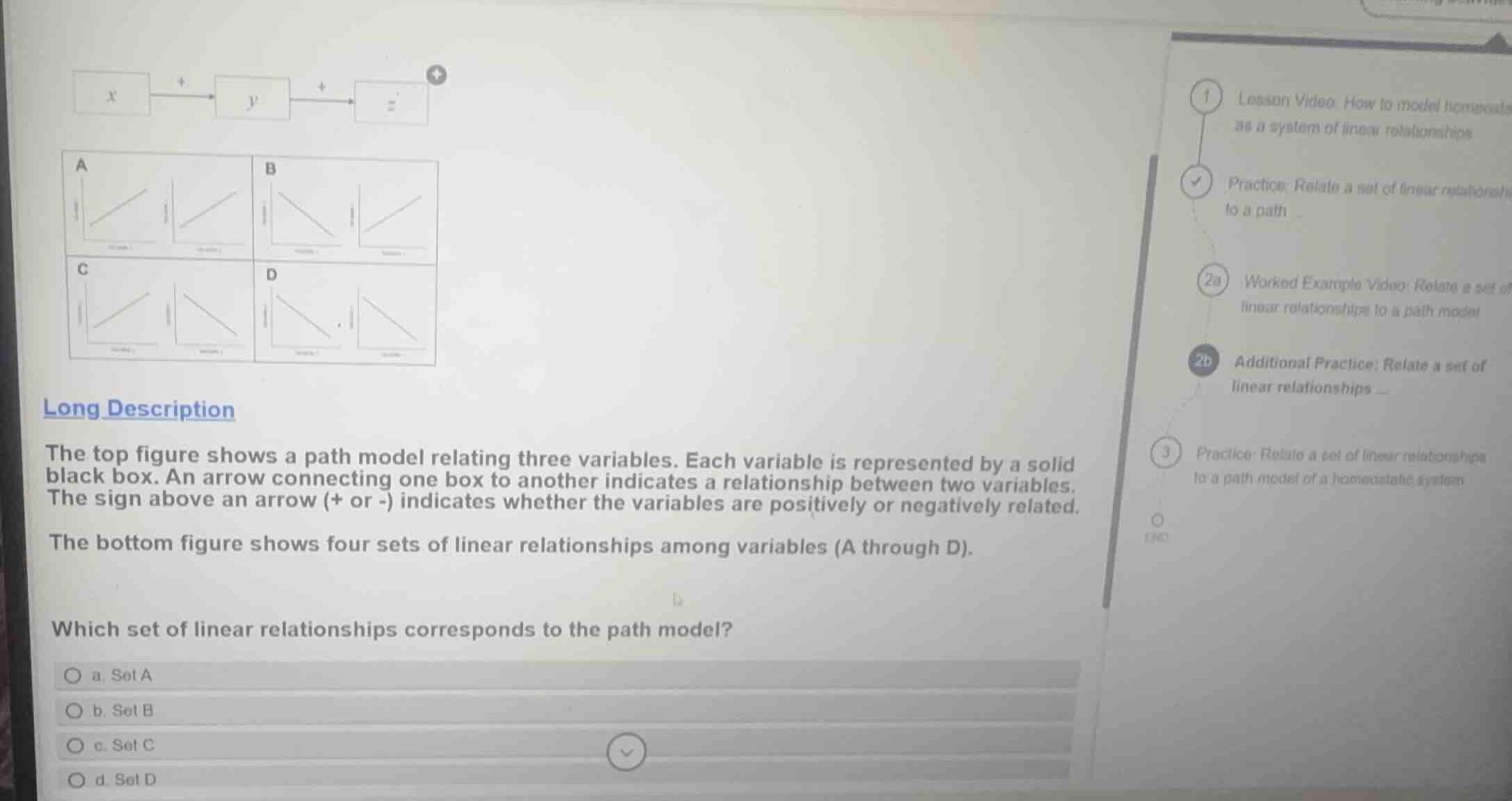 the top figure shows a path model relating three variables. each variab…