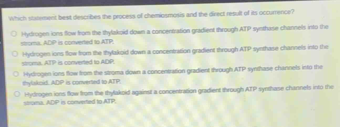 which statement best describes the process of chemiosmosis and the dire…
