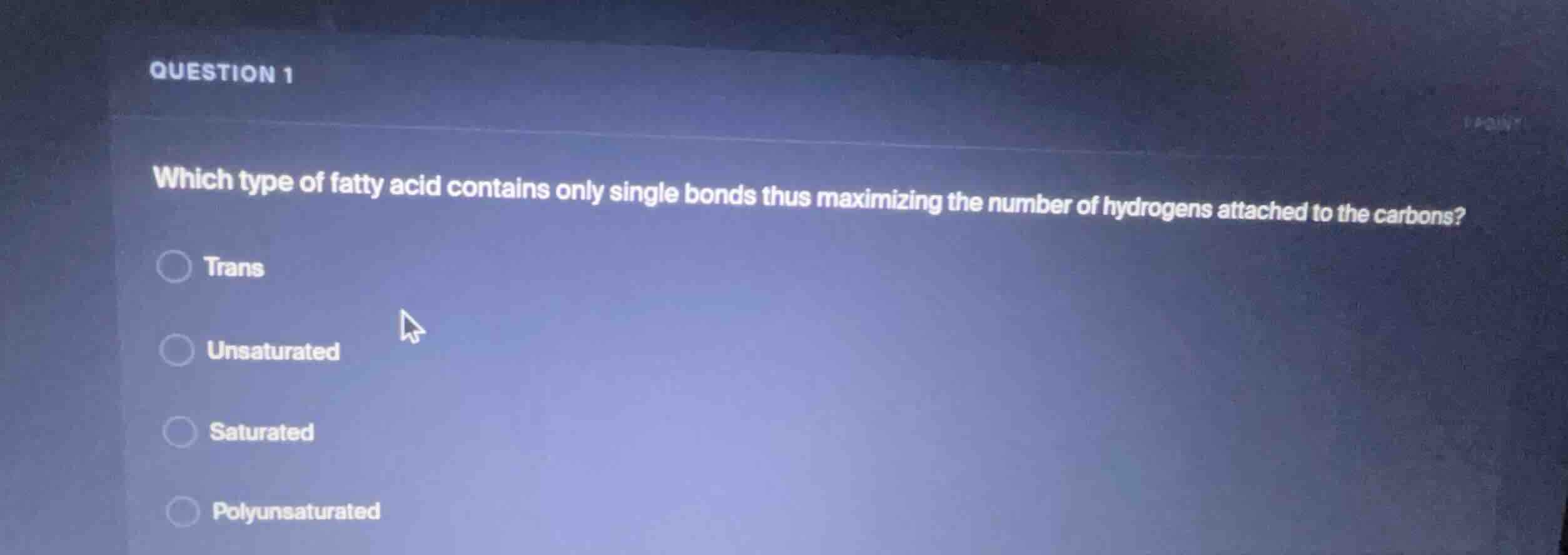question 1 which type of fatty acid contains only single bonds thus max…