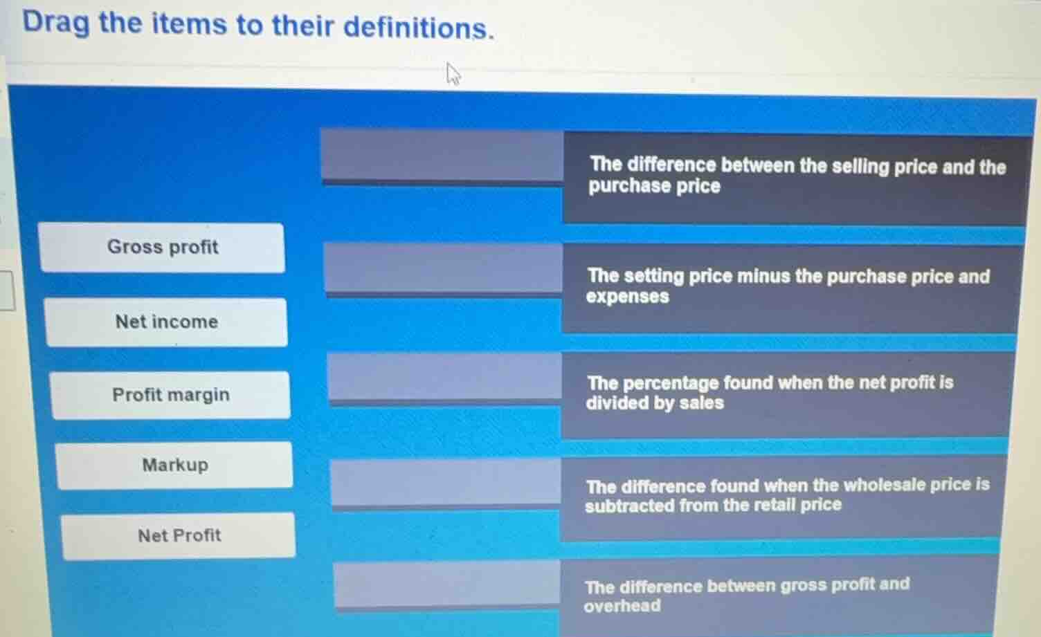 drag the items to their definitions. gross profit net income profit mar…
