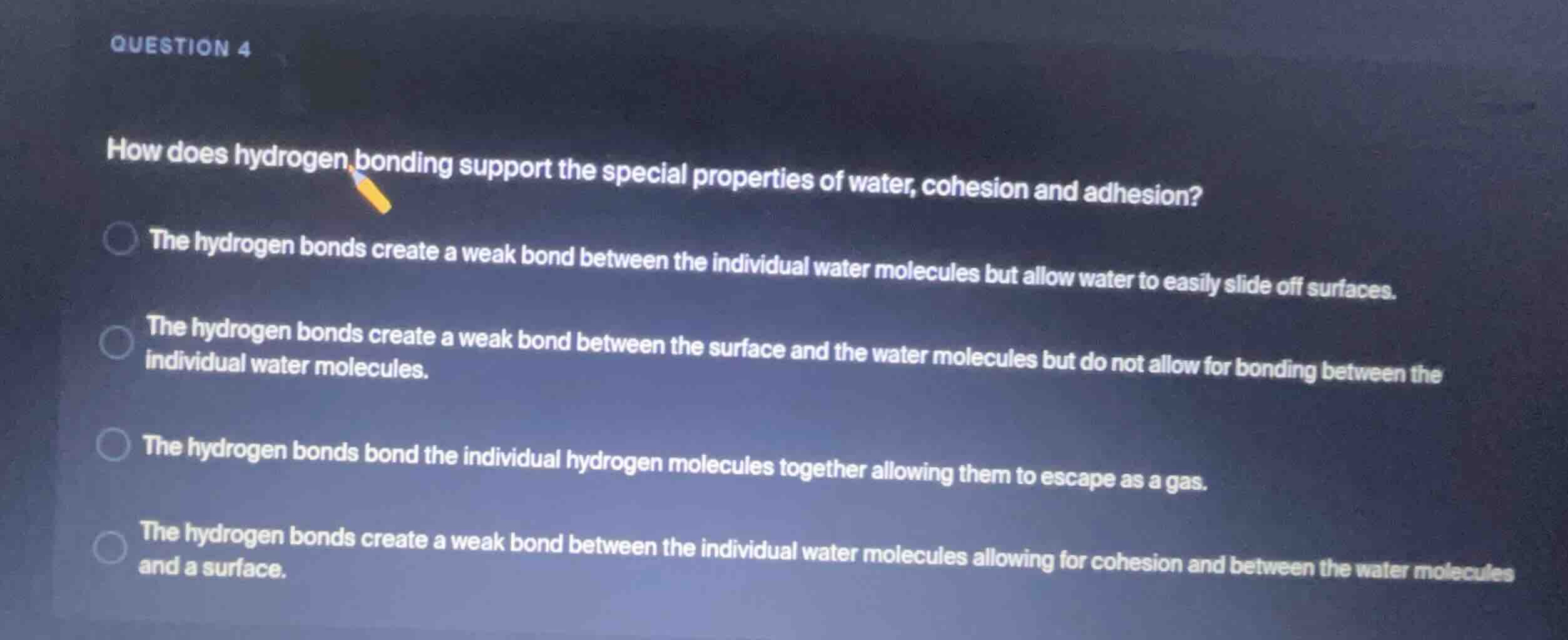 question 4 how does hydrogen bonding support the special properties of …
