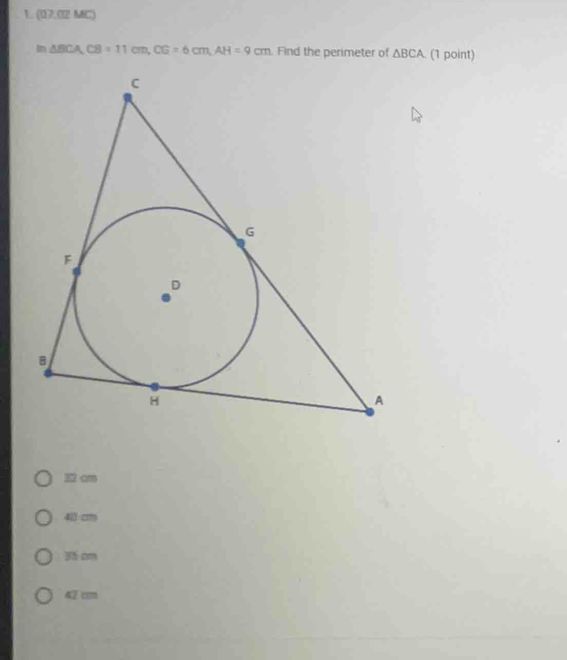 1. (07.02 mc) in \\(\\delta bca\\), \\(cb = 11\\text{ cm}\\), \\(cg = 6…