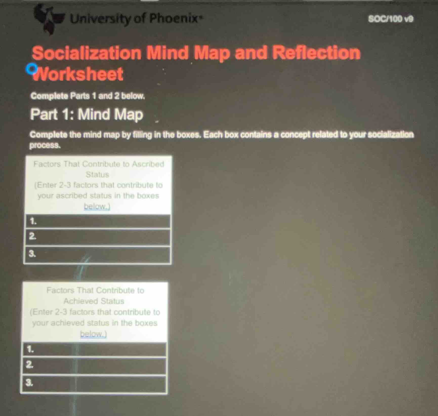 university of phoenix soc/100 v9 socialization mind map and reflection …