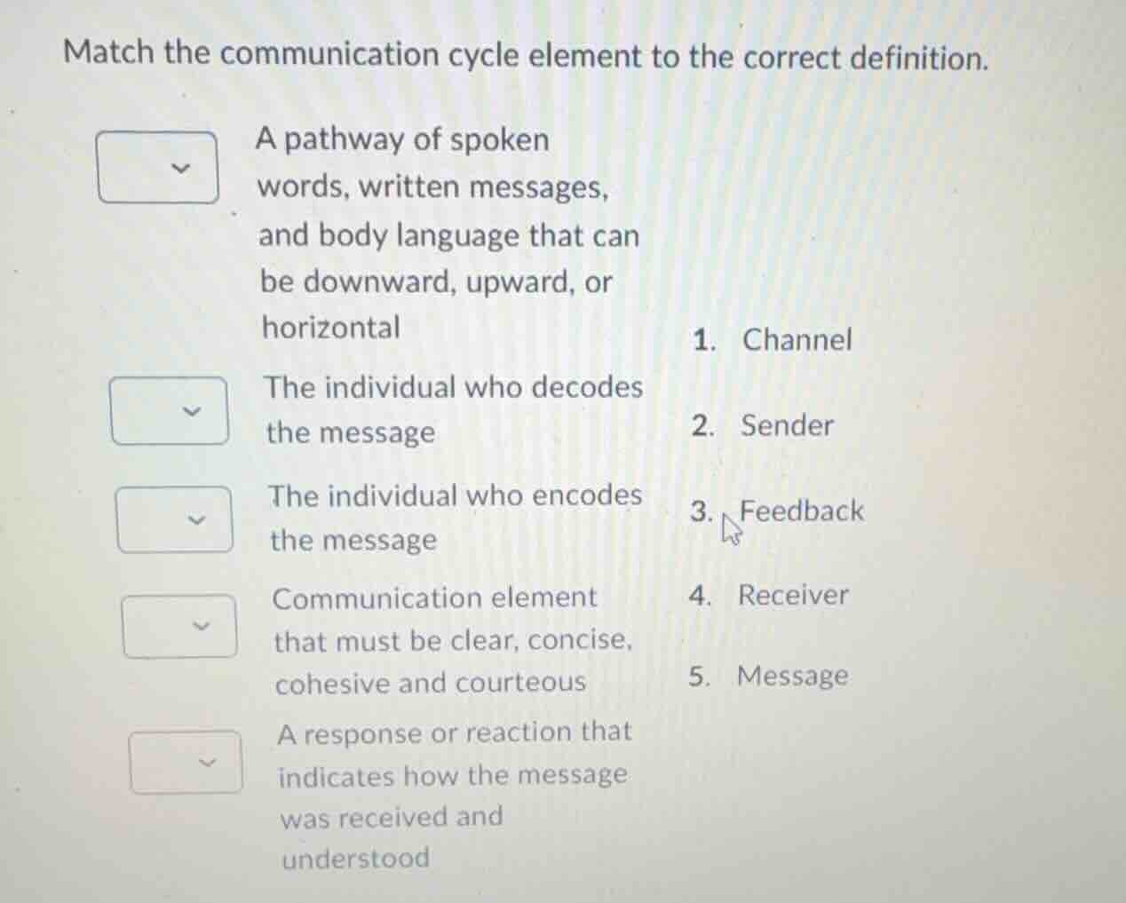 match the communication cycle element to the correct definition. a path…