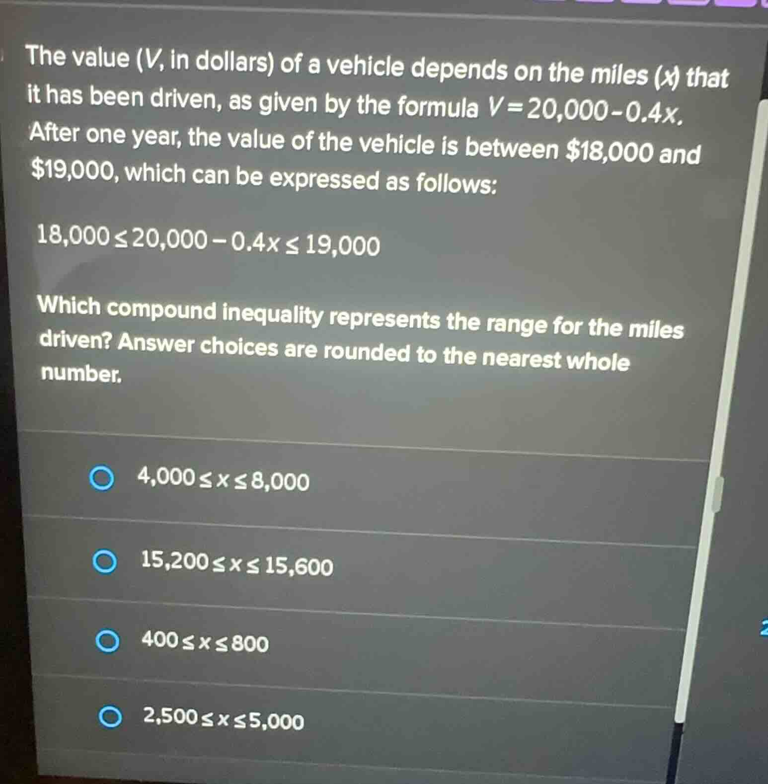 the value (\\(v\\), in dollars) of a vehicle depends on the miles (\\(x…