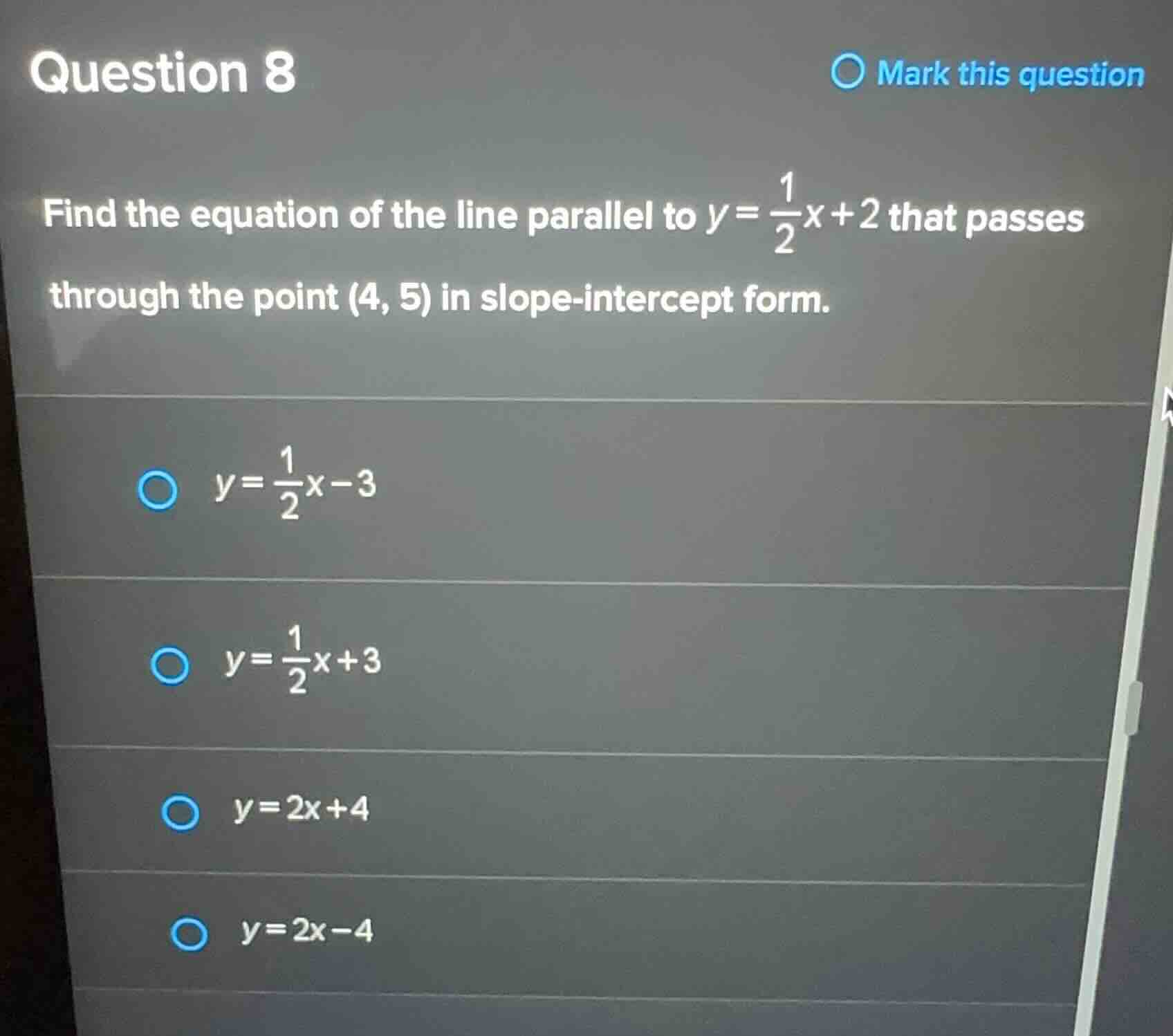 question 8 find the equation of the line parallel to \\(y = \\frac{1}{2…