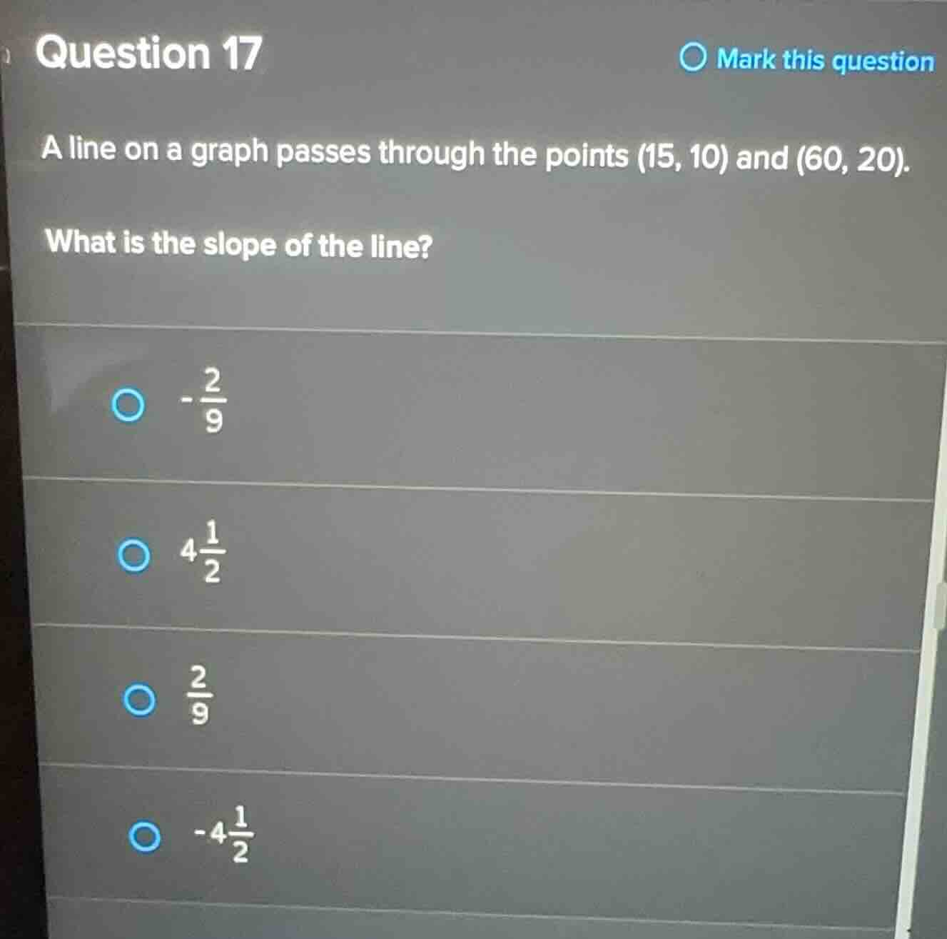 question 17 a line on a graph passes through the points (15, 10) and (6…
