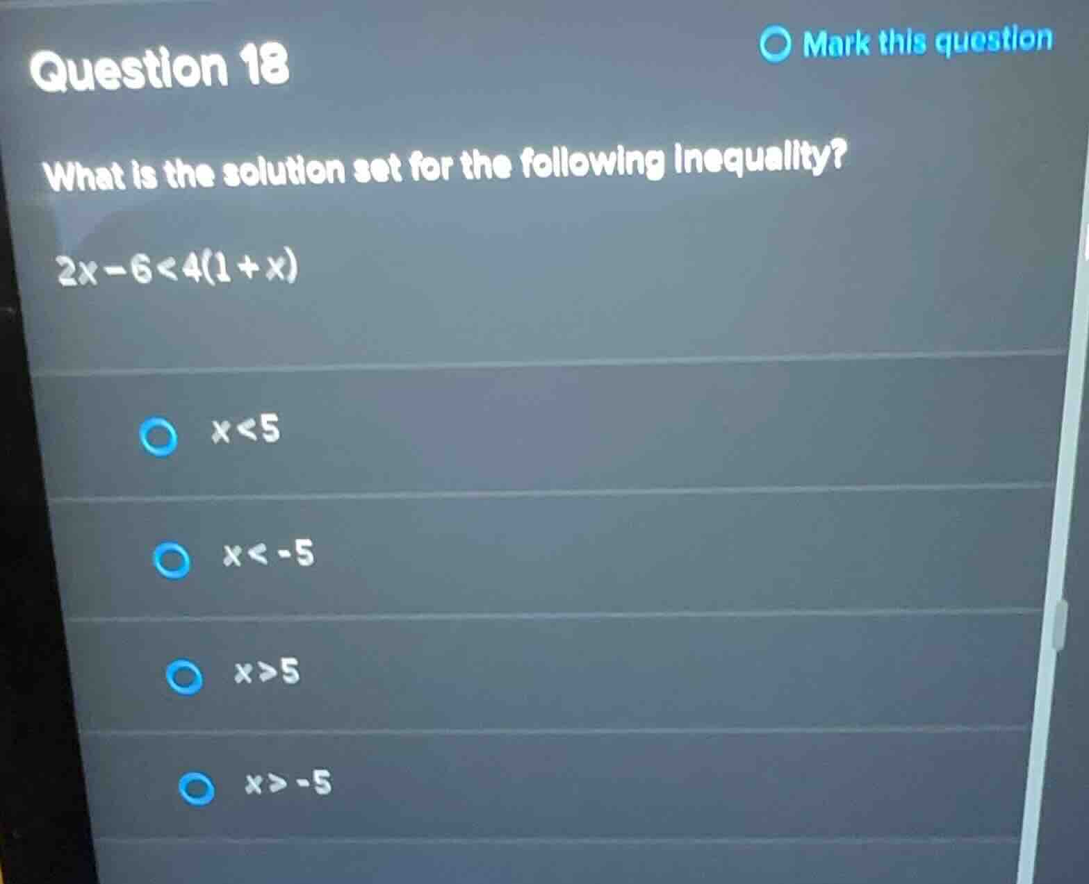 question 18 what is the solution set for the following inequality? (2x …