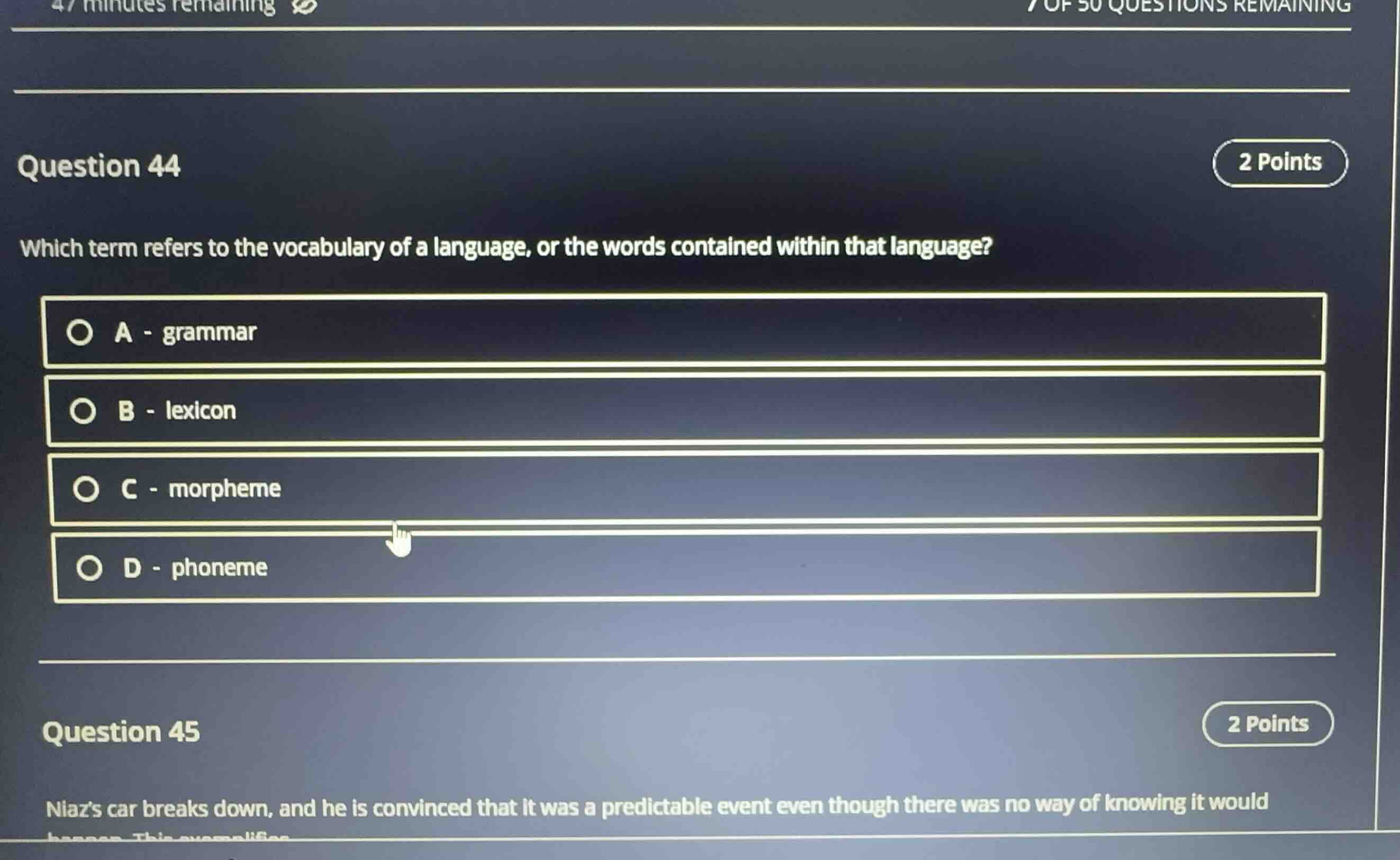 question 44 which term refers to the vocabulary of a language, or the w…