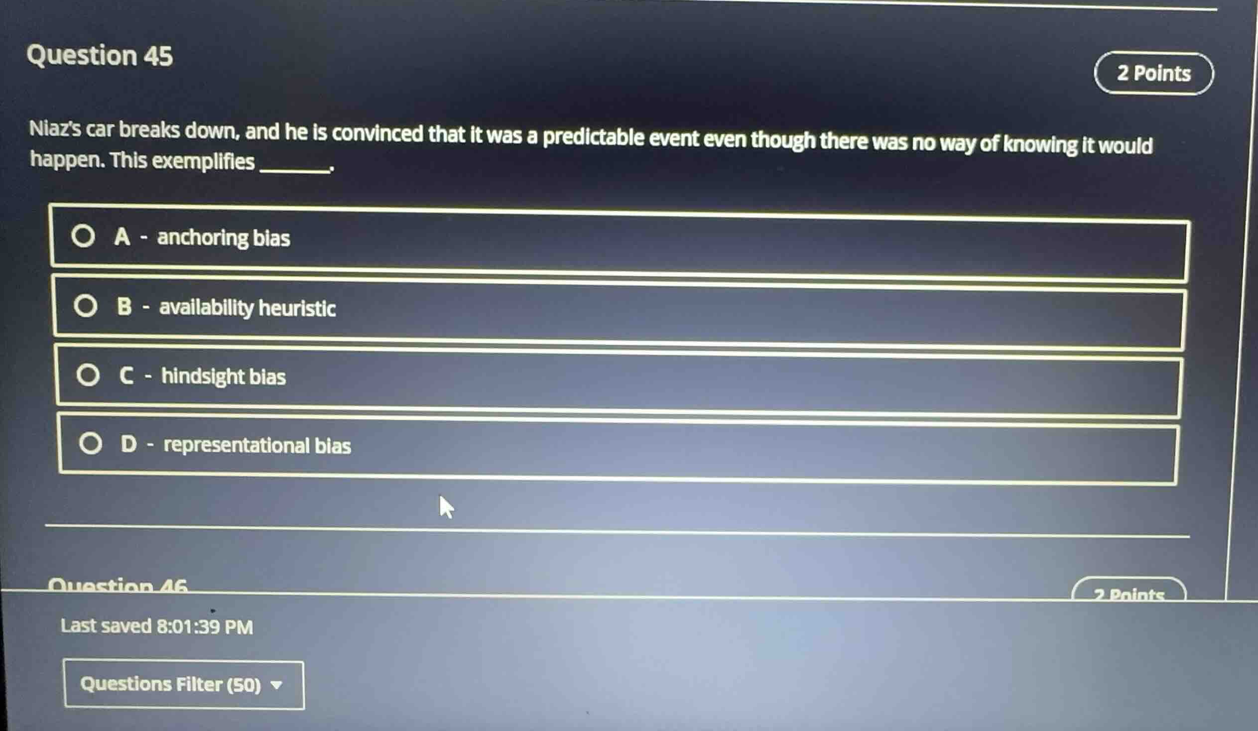 question 45 niazs car breaks down, and he is convinced that it was a pr…