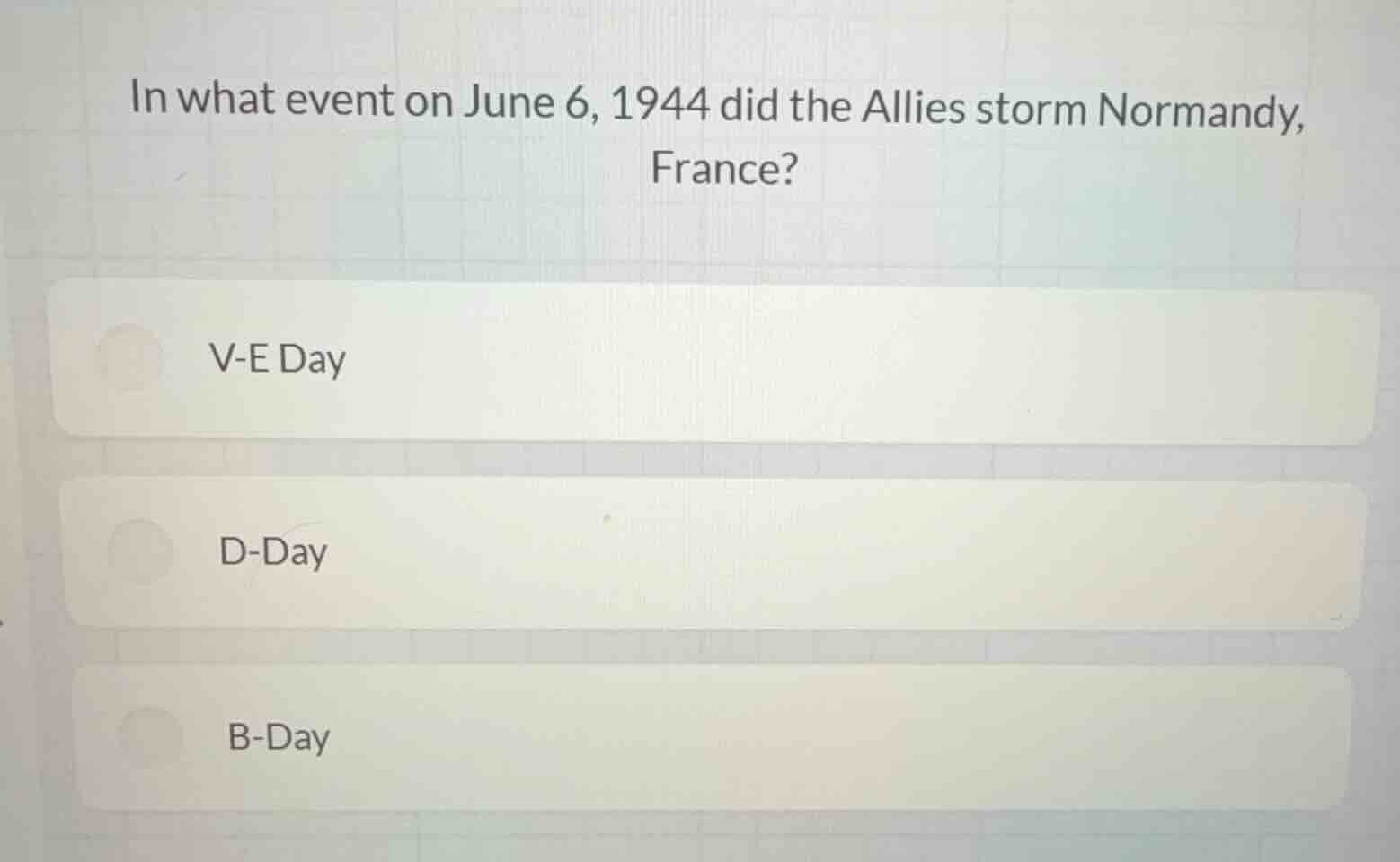 in what event on june 6, 1944 did the allies storm normandy, france? v-…
