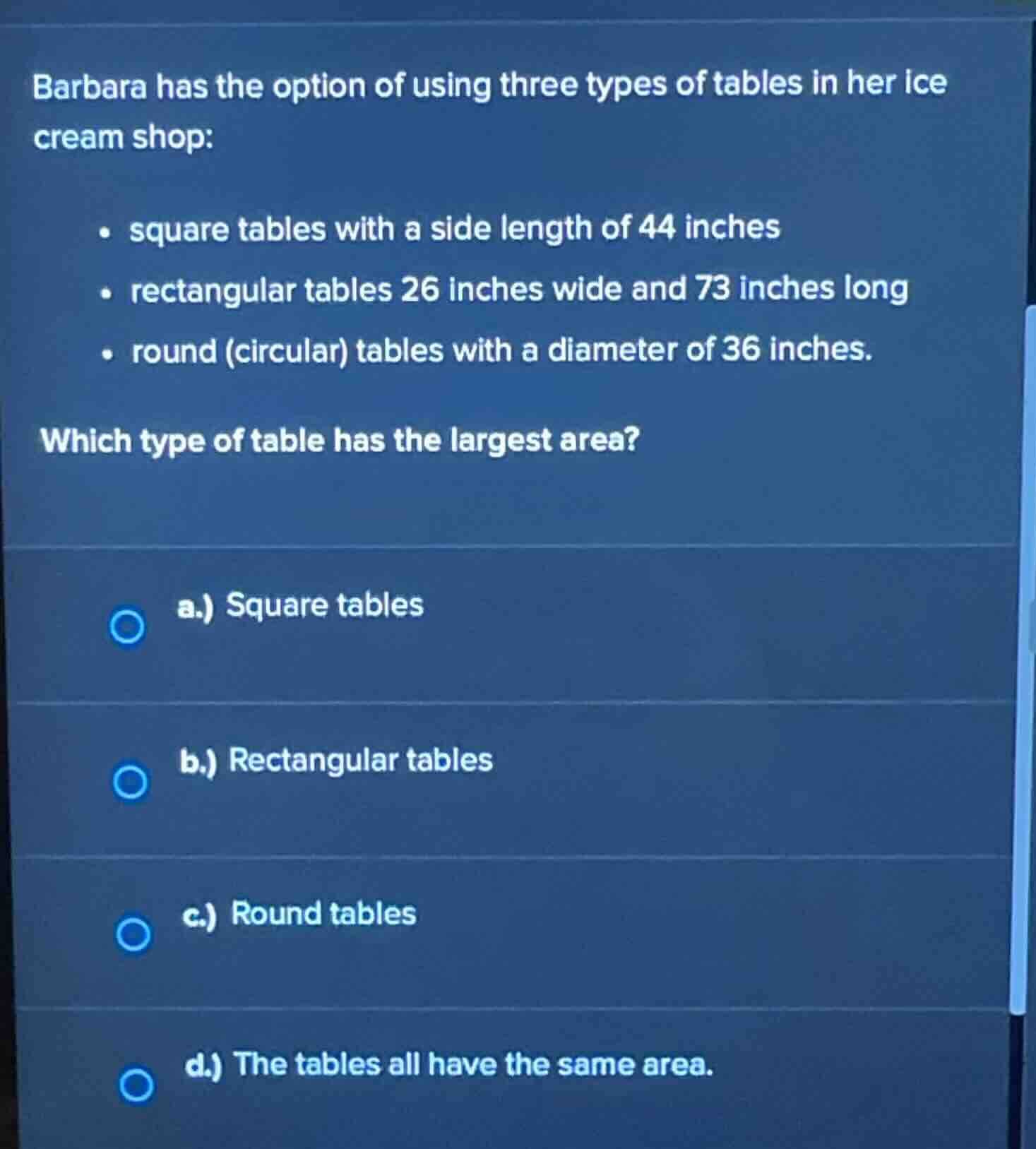barbara has the option of using three types of tables in her ice cream …