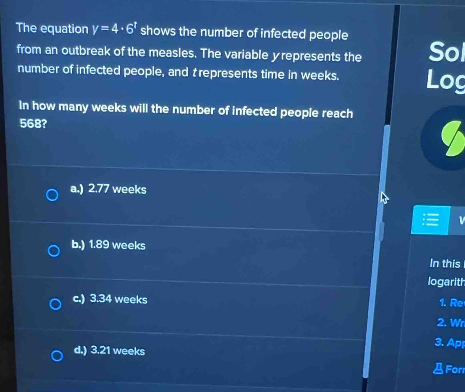 the equation \\(y = 4 \\cdot 6^t\\) shows the number of infected people…