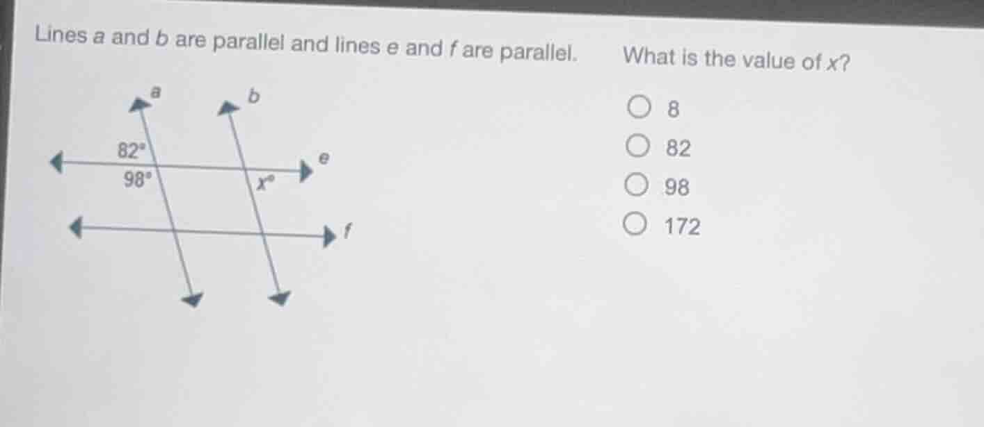 lines a and b are parallel and lines e and f are parallel. what is the …