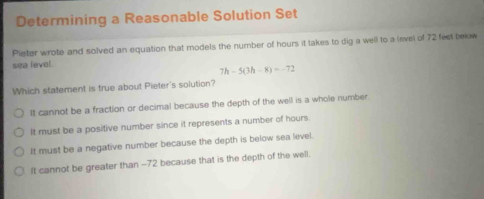 determining a reasonable solution set pieter wrote and solved an equati…