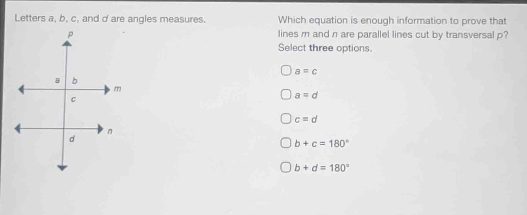 letters a, b, c, and d are angles measures. which equation is enough in…