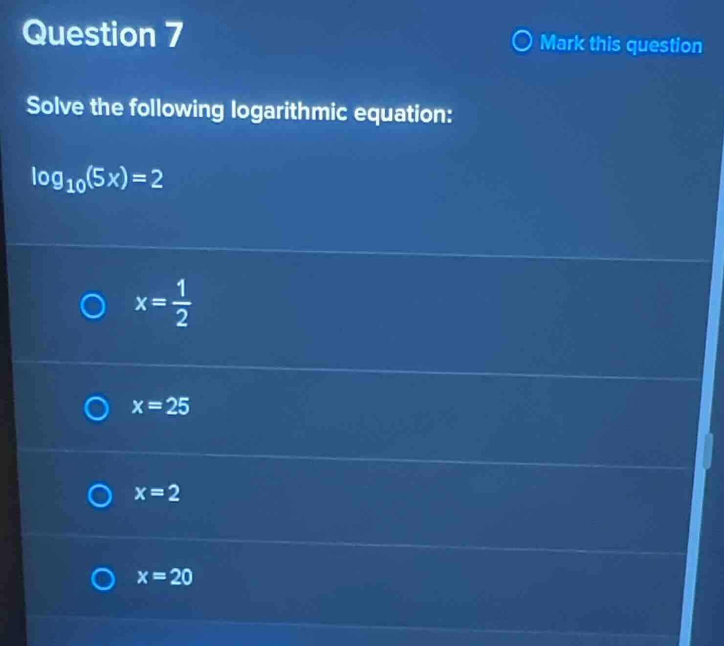 question 7 solve the following logarithmic equation: \\(\\log_{10}(5x) …