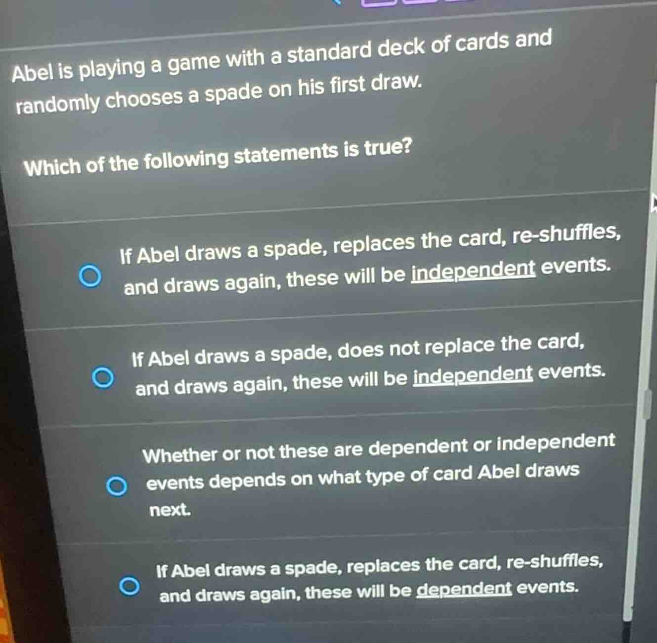 abel is playing a game with a standard deck of cards and randomly choos…