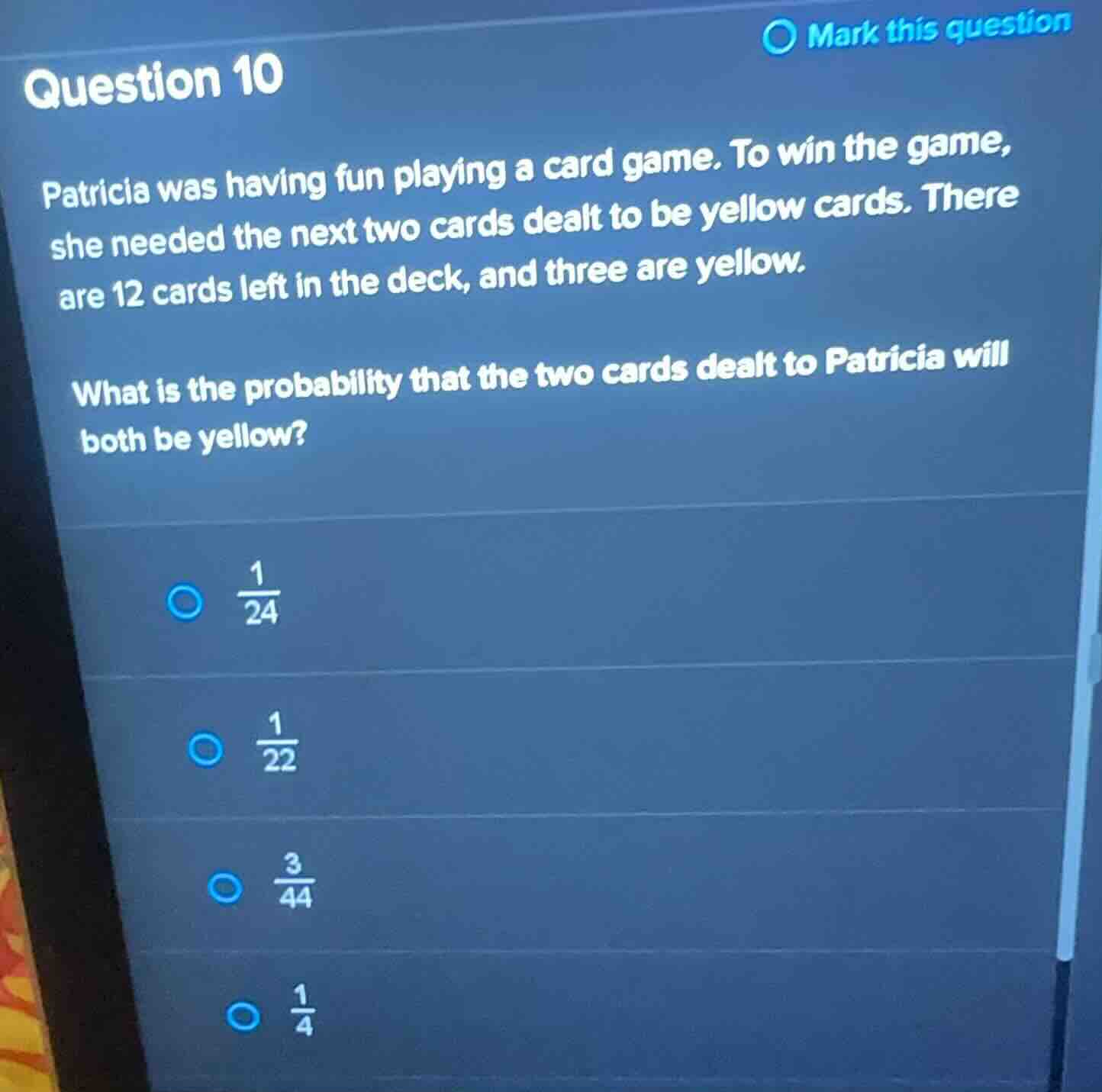 question 10 patricia was having fun playing a card game. to win the gam…