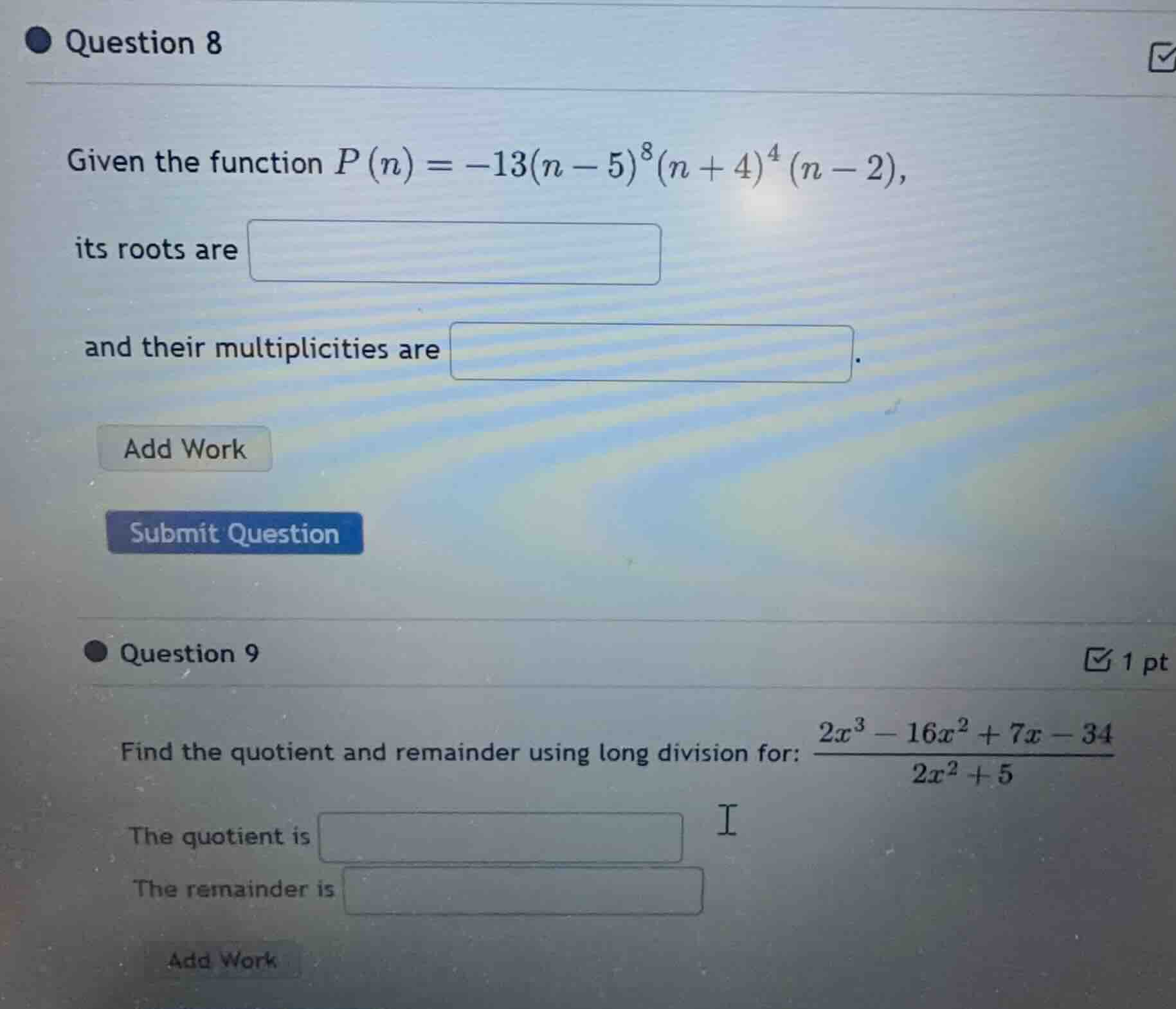 question 8 given the function (p(n) = -13(n - 5)^8(n + 4)^4(n - 2)), it…