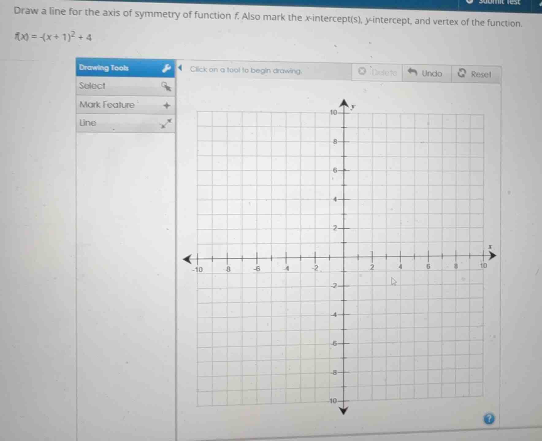 draw a line for the axis of symmetry of function f. also mark the x-int…