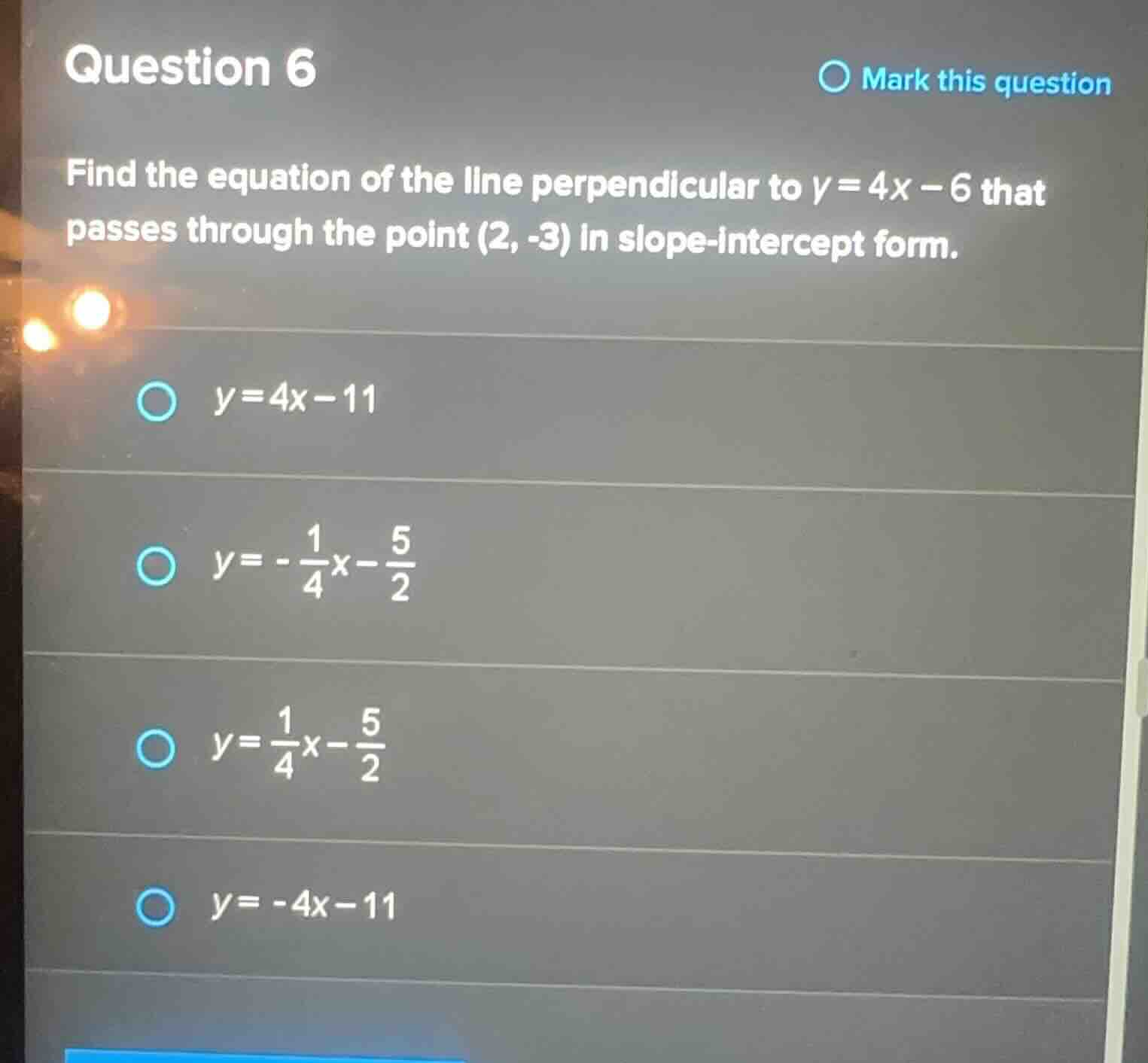 question 6 find the equation of the line perpendicular to \\(y = 4x - 6…