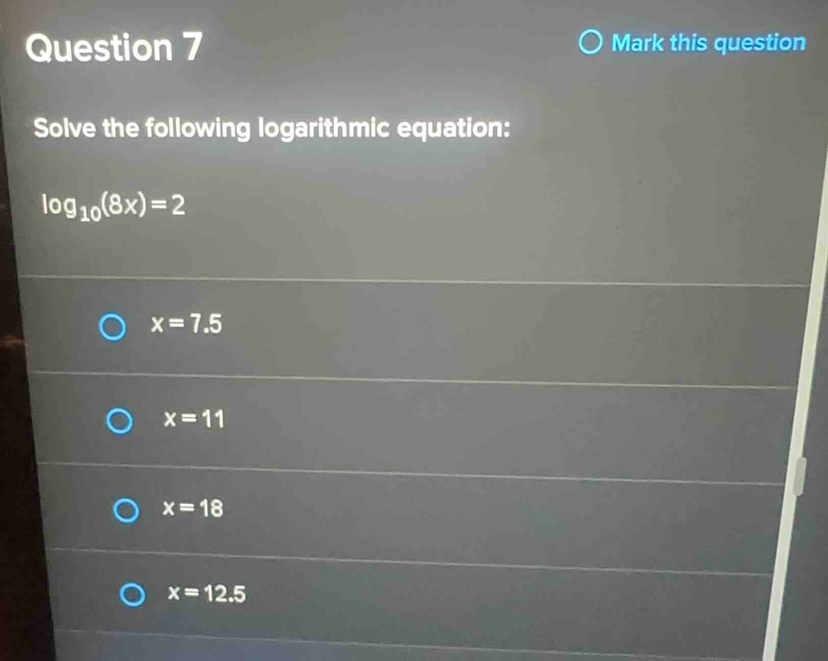 question 7 solve the following logarithmic equation: \\(\\log_{10}(8x) …