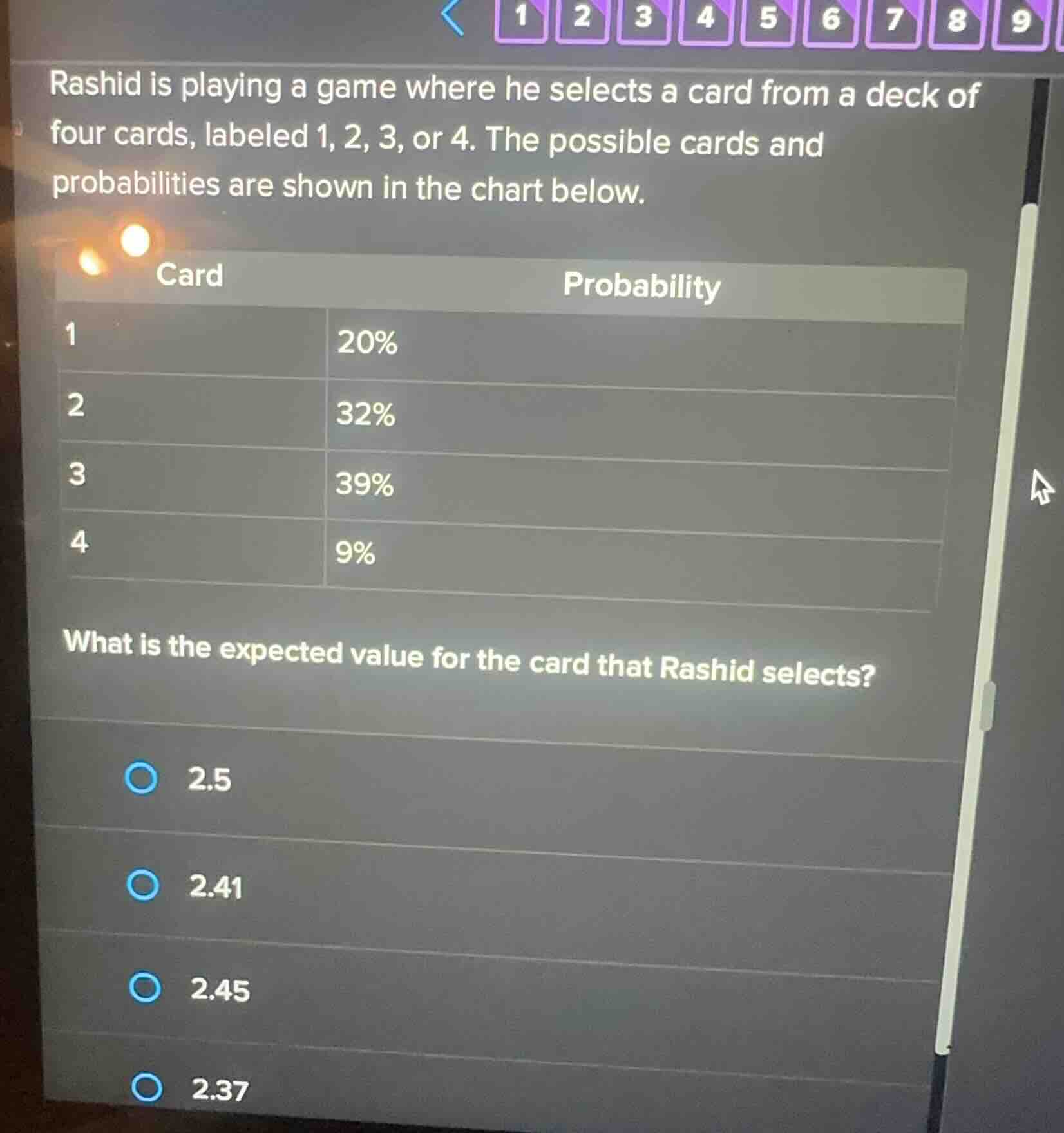 rashid is playing a game where he selects a card from a deck of four ca…