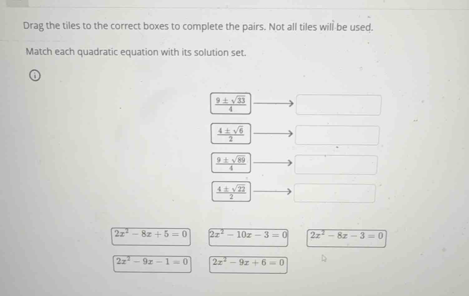 drag the tiles to the correct boxes to complete the pairs. not all tile…