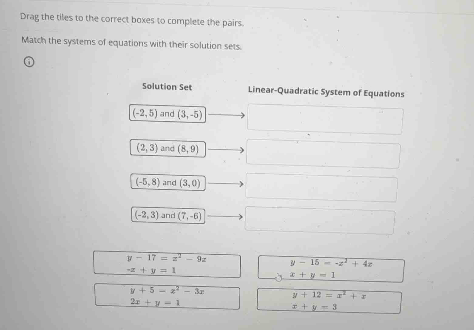 drag the tiles to the correct boxes to complete the pairs. match the sy…