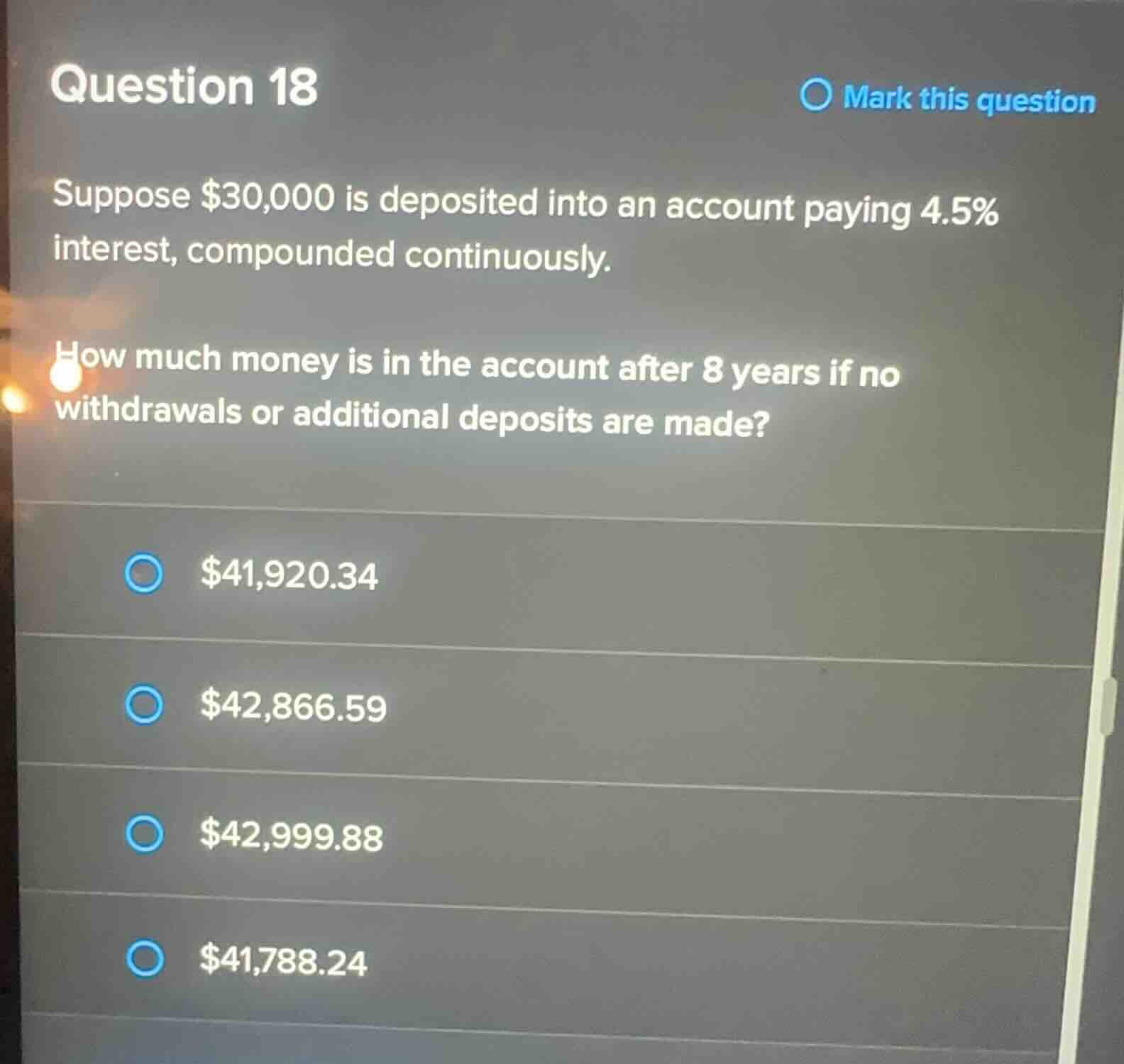 question 18 suppose $30,000 is deposited into an account paying 4.5% in…