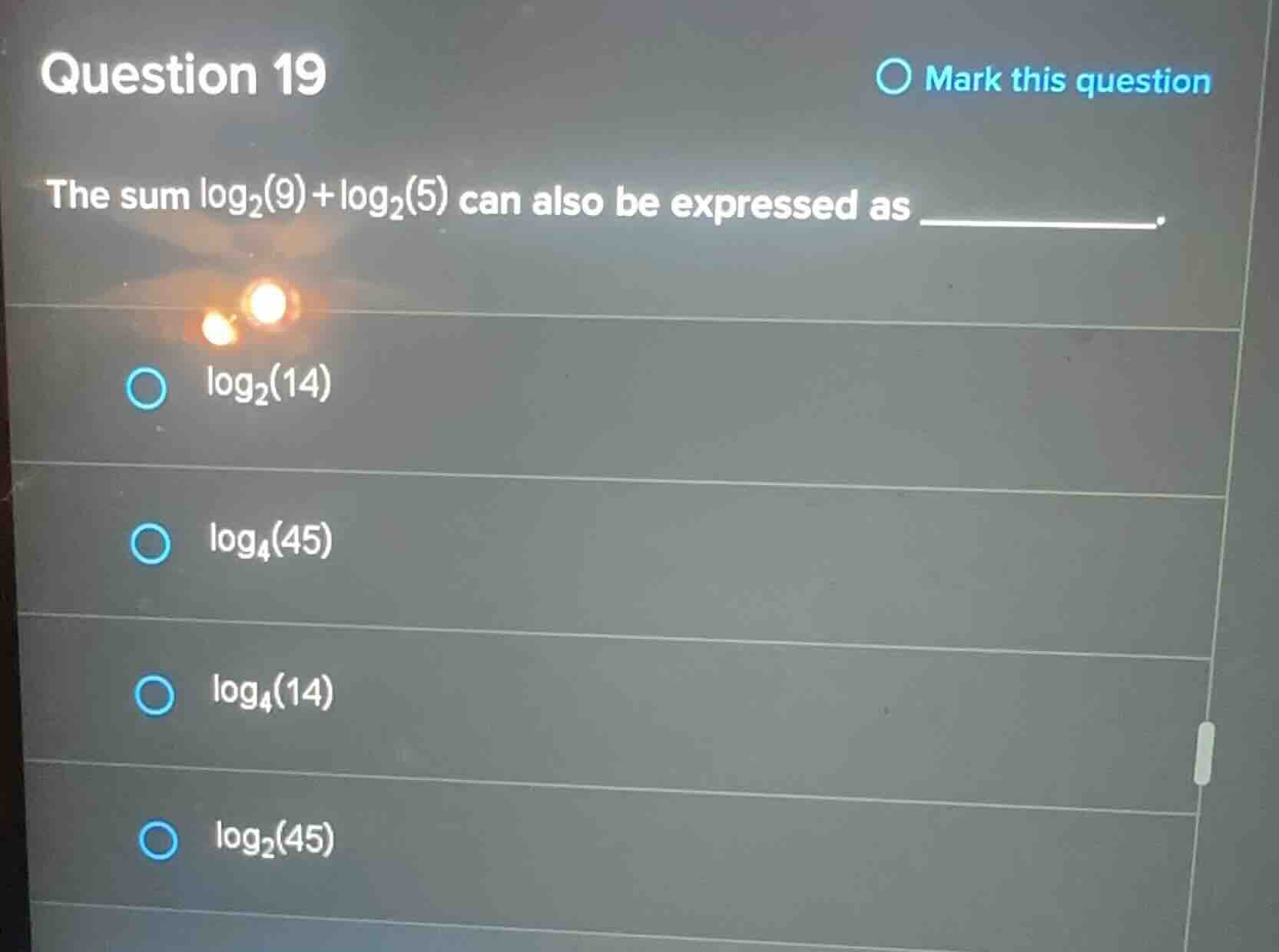 question 19 the sum \\(\\log_2(9) + \\log_2(5)\\) can also be expressed…