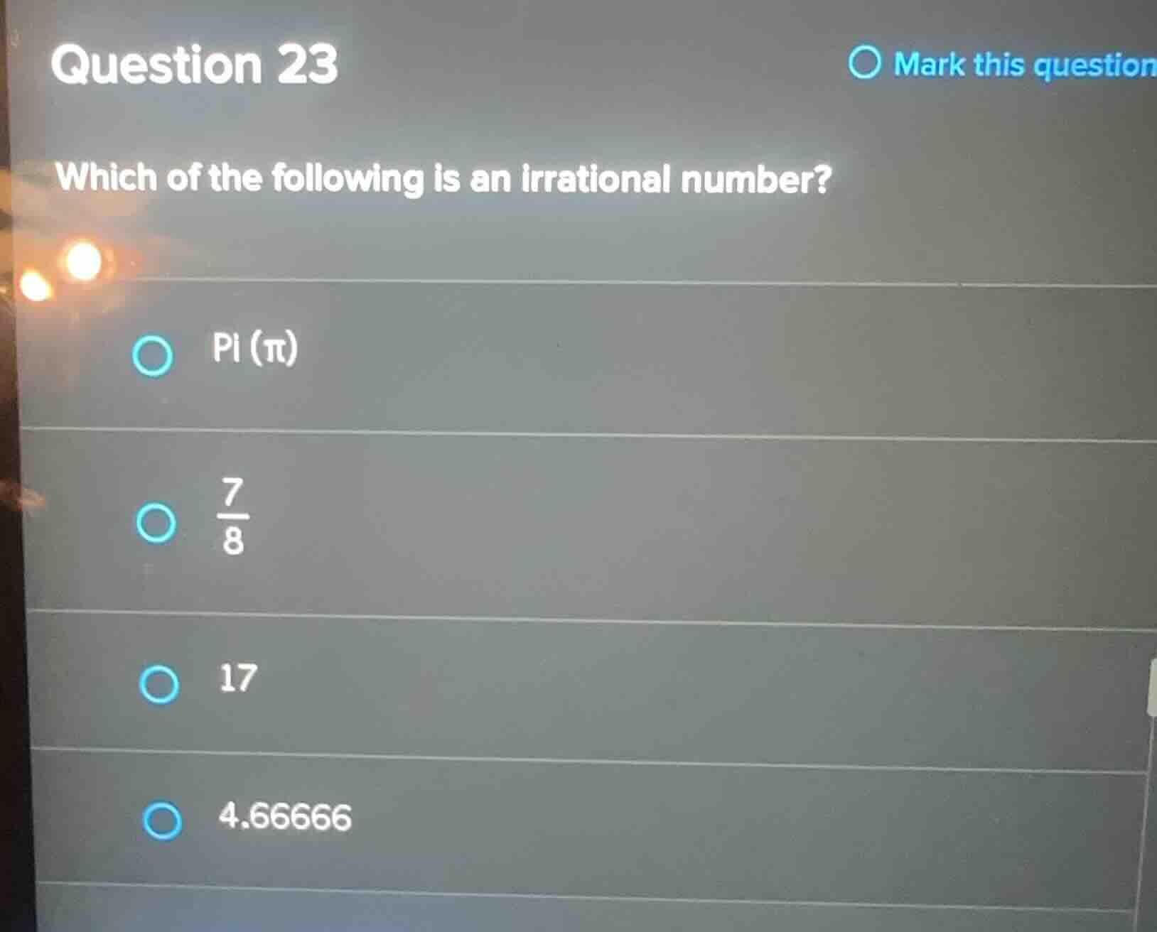 question 23 which of the following is an irrational number? - pi (\\pi)…