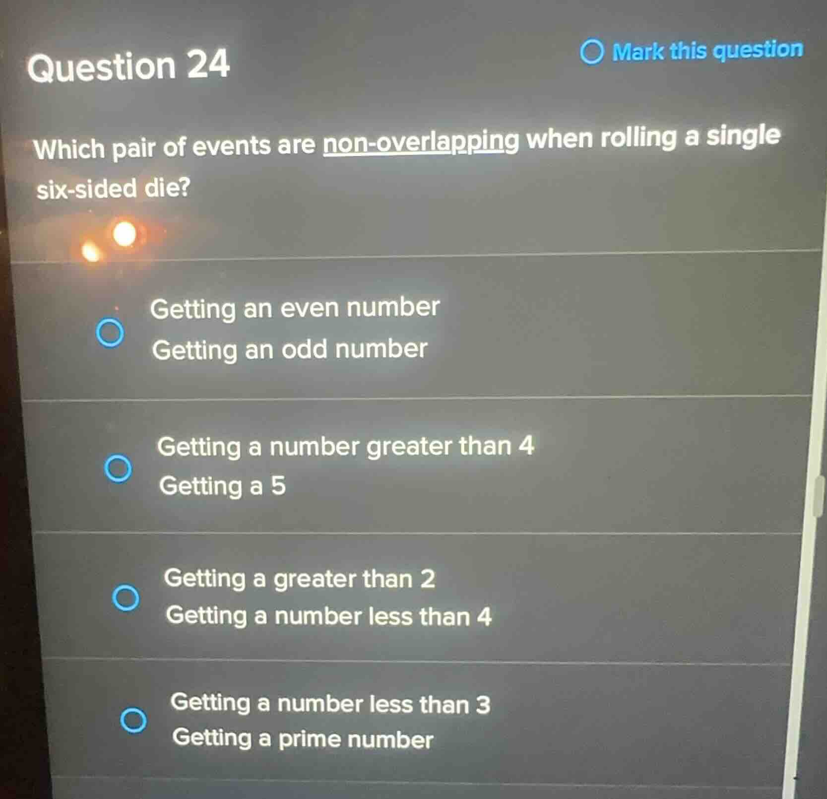 question 24 which pair of events are non-overlapping when rolling a sin…