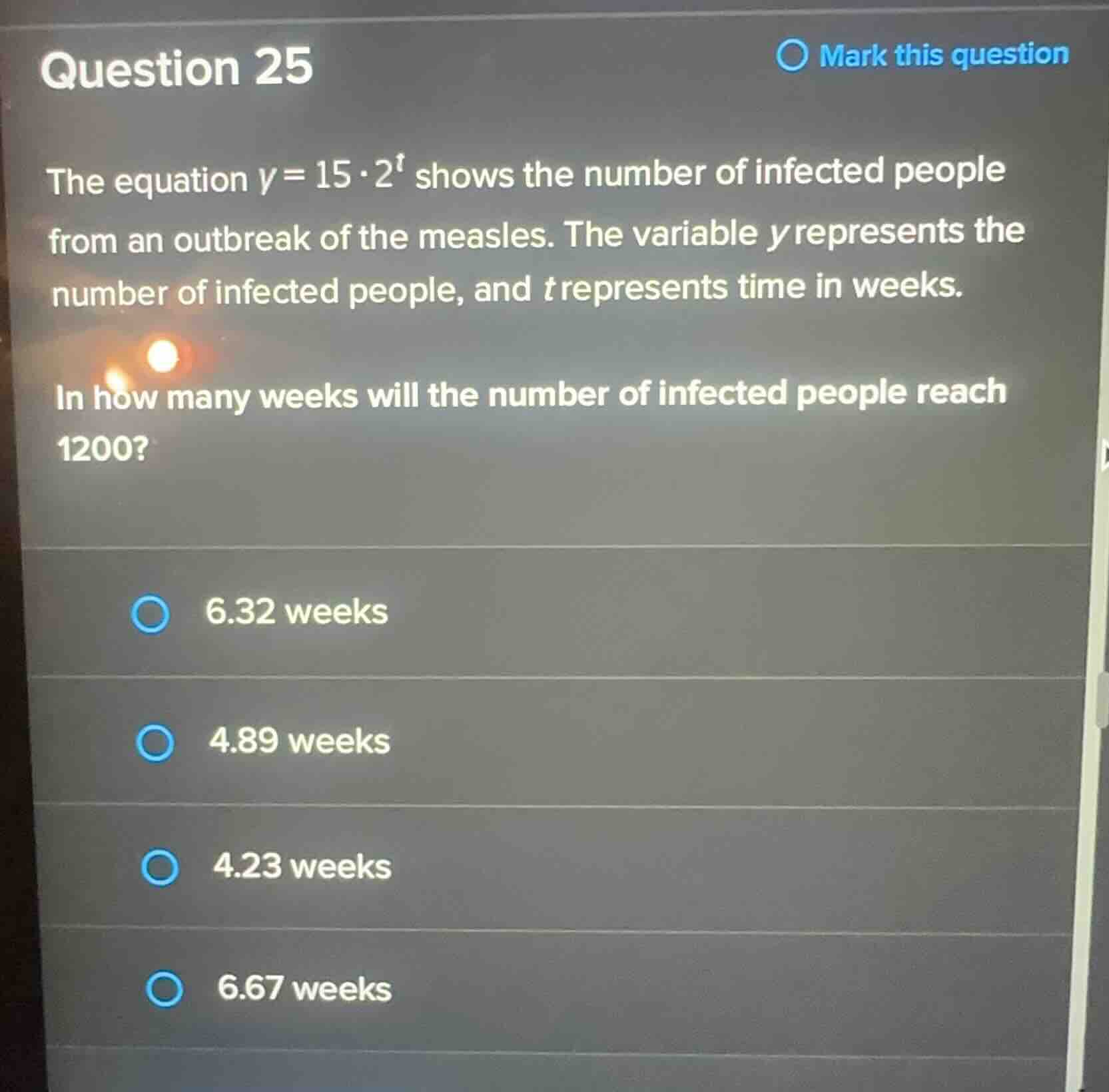 question 25 the equation \\(y = 15 \\cdot 2^t\\) shows the number of in…