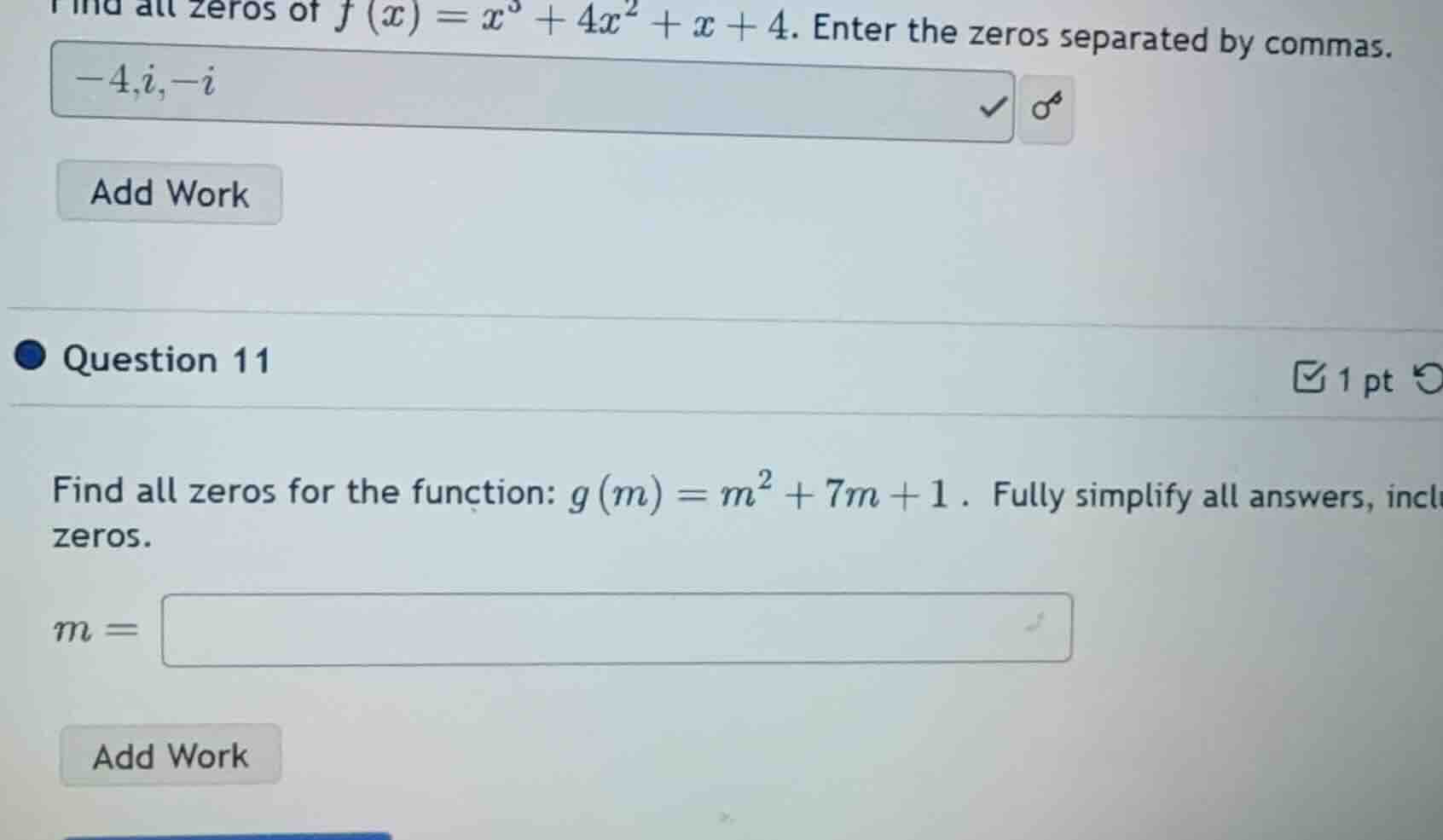 find all zeros of (f(x) = x^3 + 4x^2 + x + 4). enter the zeros separate…