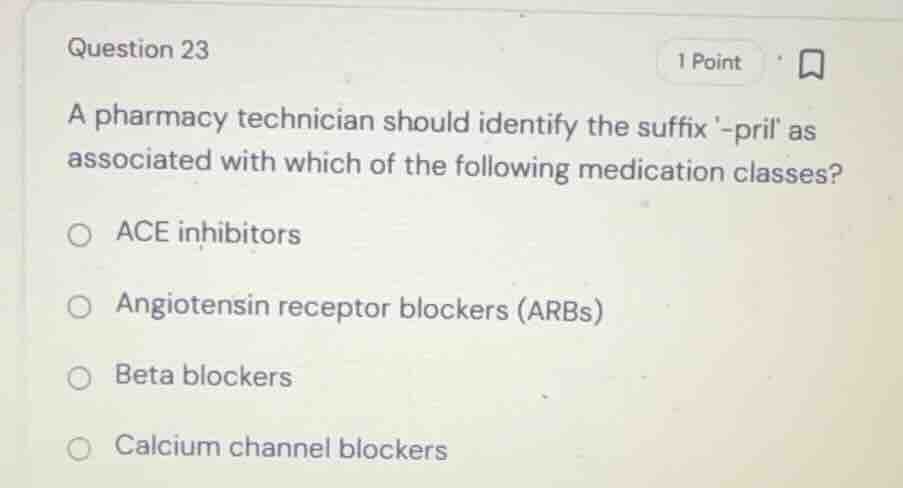question 23 a pharmacy technician should identify the suffix -pril as a…