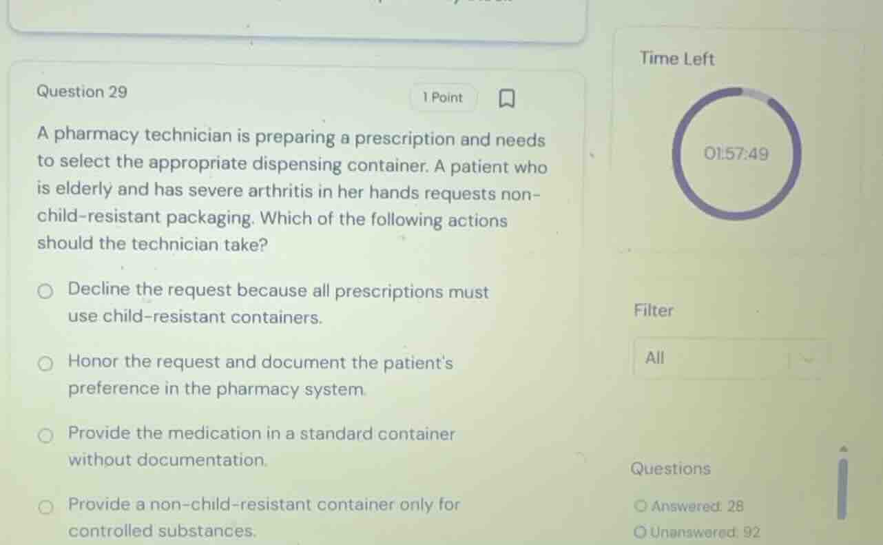 question 29 a pharmacy technician is preparing a prescription and needs…