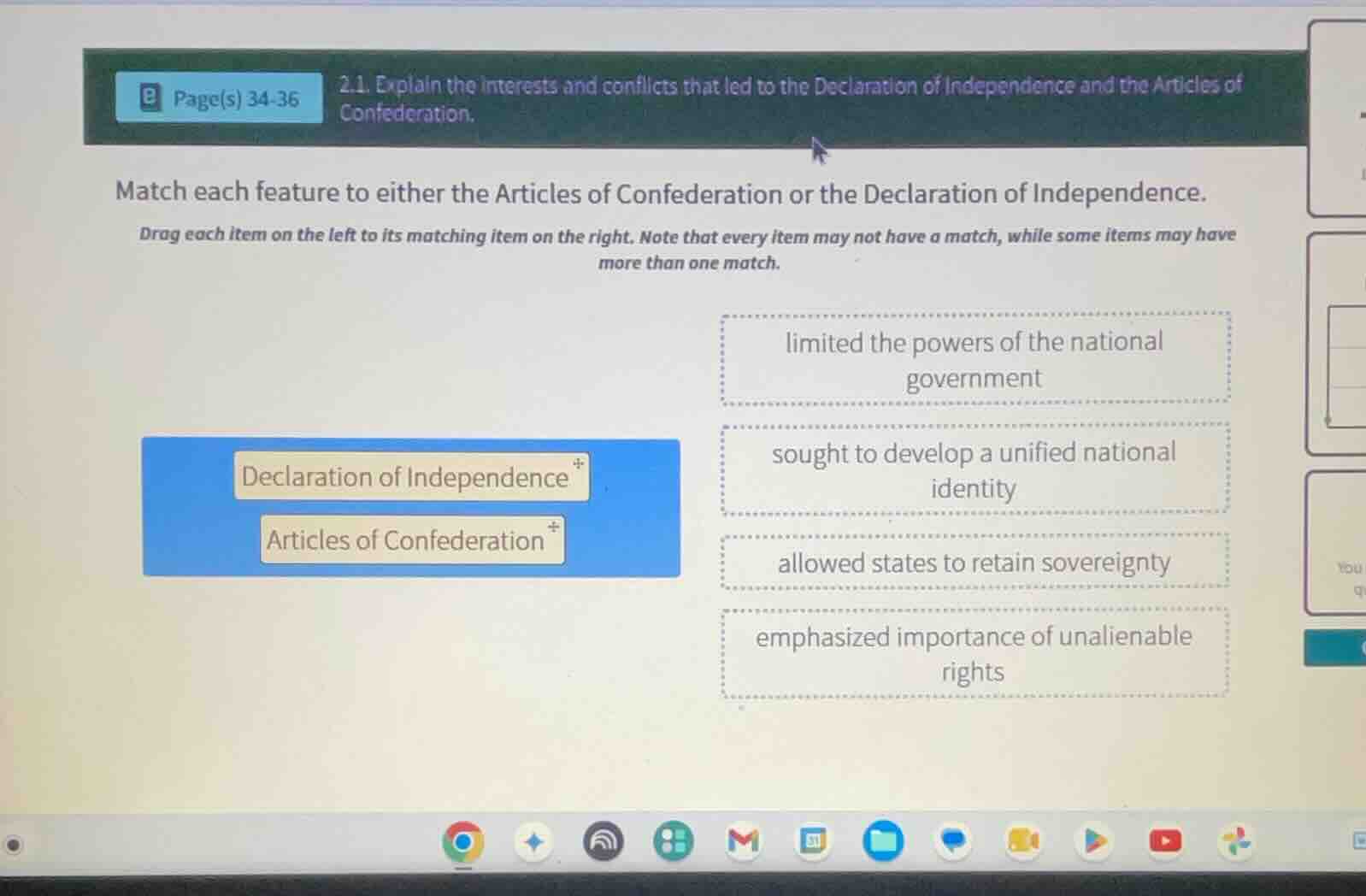 match each feature to either the articles of confederation or the decla…
