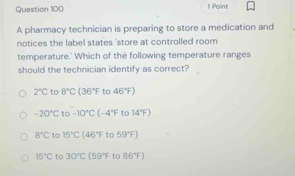 question 100 a pharmacy technician is preparing to store a medication a…