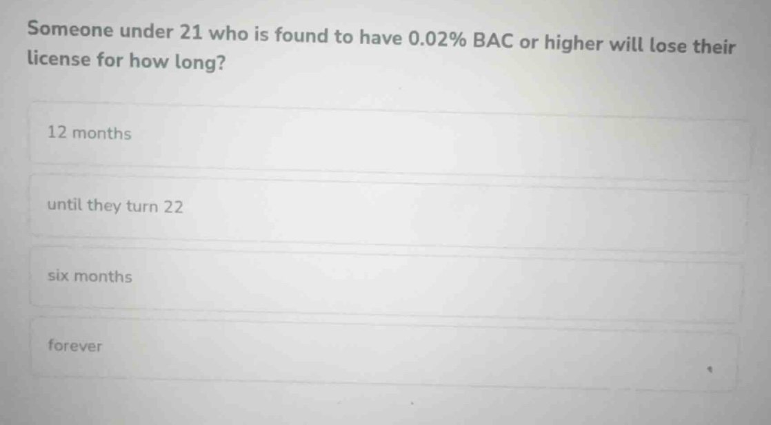 someone under 21 who is found to have 0.02% bac or higher will lose the…