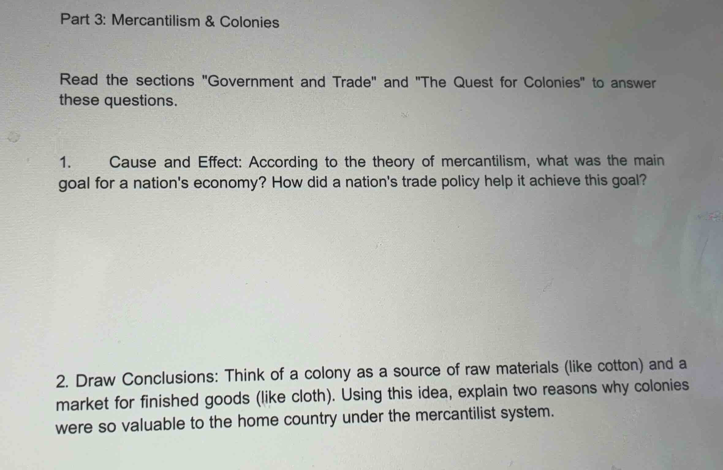 part 3: mercantilism & colonies read the sections \government and trade…
