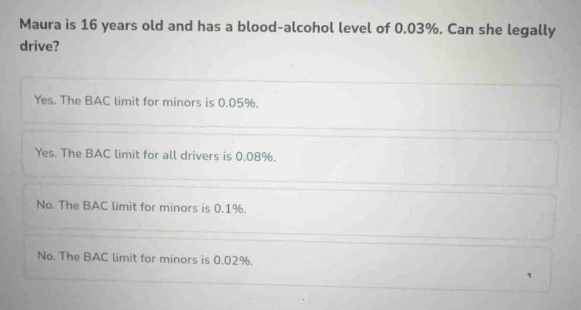 maura is 16 years old and has a blood-alcohol level of 0.03%. can she l…